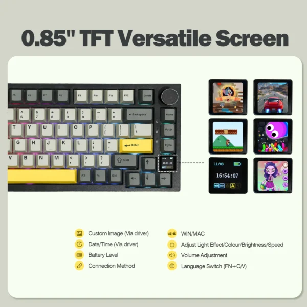 Ajazz AK820 Pro 75% Gasket-mounted Bluetooth 5.1/2.4G Wireless/Wired Mechanical Keyboard with TFT Screen for Mac/Win