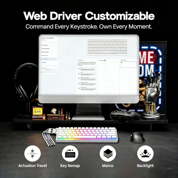 S27e65132138b4866ae5986c0e5c85b9cb.webp AULA Mini60HE Wireless Magnetic Axis Gaming Keyboard Features Quick Trigger Keys Adjustable Trigger Sensitivity with RGBLighting