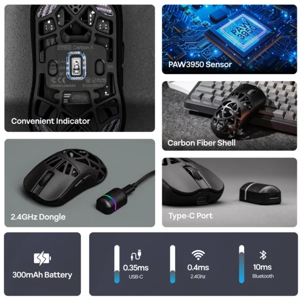 S402b7549e4ab457cb400f2c2d50d6c8fh.webp EPOMAKER Carbon X Wired/2.4G/BT Wireless Gaming Mouse 400 to 30,000 DPI Adjustable with PAW3950 Sensor for PC/Mac/Linux