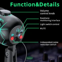 Gaming Microphone USB Microphone for PC Condenser Podcast Mic for Studio Recording with Headphone Jack, Led, Noise Cancellation