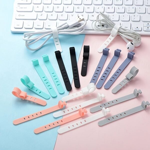 Black Reusable Silicone Data Cable Organizer Strap Set 6 Pieces