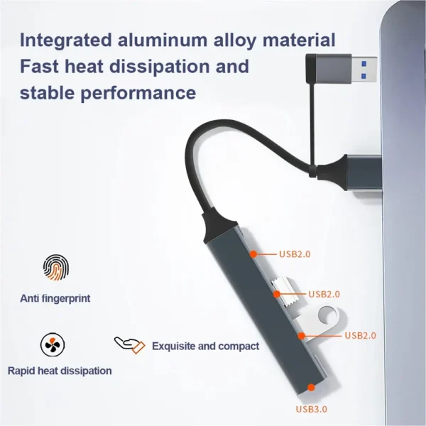 S3c96e9ede21d4653b1466b4db53b3a1fD.webp Aluminium 4-Port USB-C Hub with One USB 3.0 & Three USB 2.0 Ports