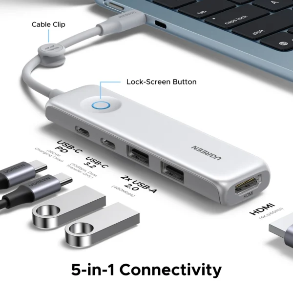 Sfb1e8cf318e24a939f766e9313363941d.webp 5-in-1 4K/60Hz USB-C Hub with 10Gbps USB 3.2 Gen 2 & 100W PD UGREEN